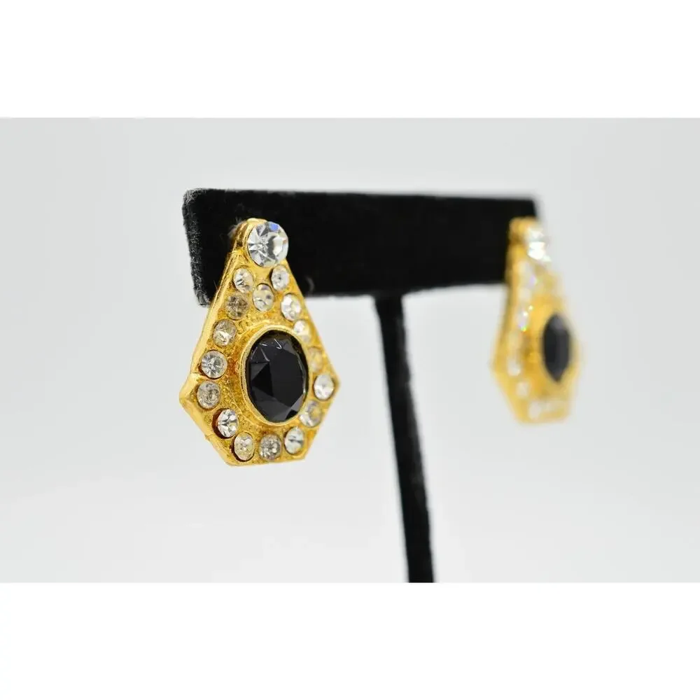 Vintage Earrings Sparkling Black Rhinestone Crystal Gold Statement NOS 1980s 9L